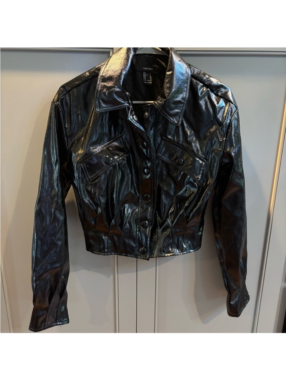 Forever 21 Black Shiny Cropped Button-Front Jacket
